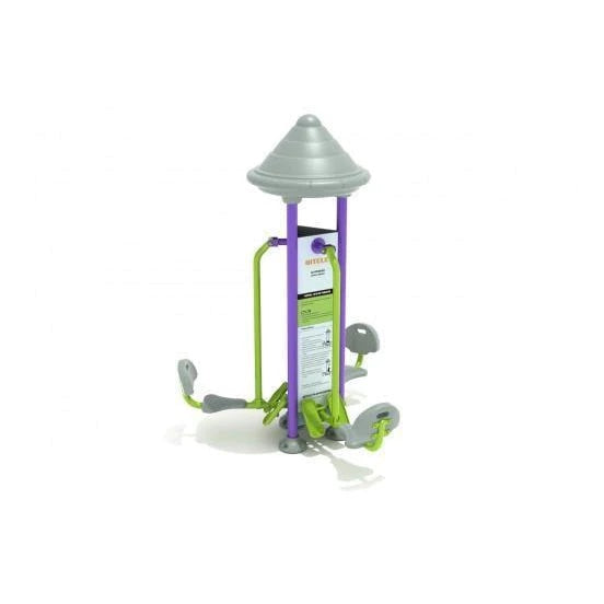 Outdoor triple leg press station with purple and green frame, gray seats, instructional panel, and conical roof