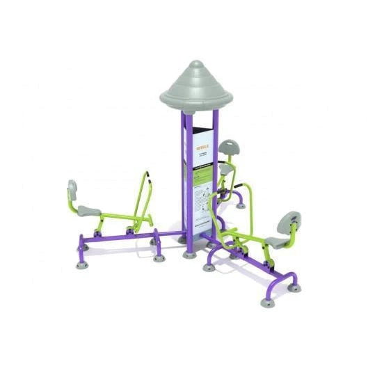Outdoor triple-station fitness equipment with rowing, leg press, and chest press units in purple and green colors