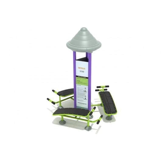 Outdoor fitness station with three black and green sit-up benches and a central instructional panel topped by a gray conical roof