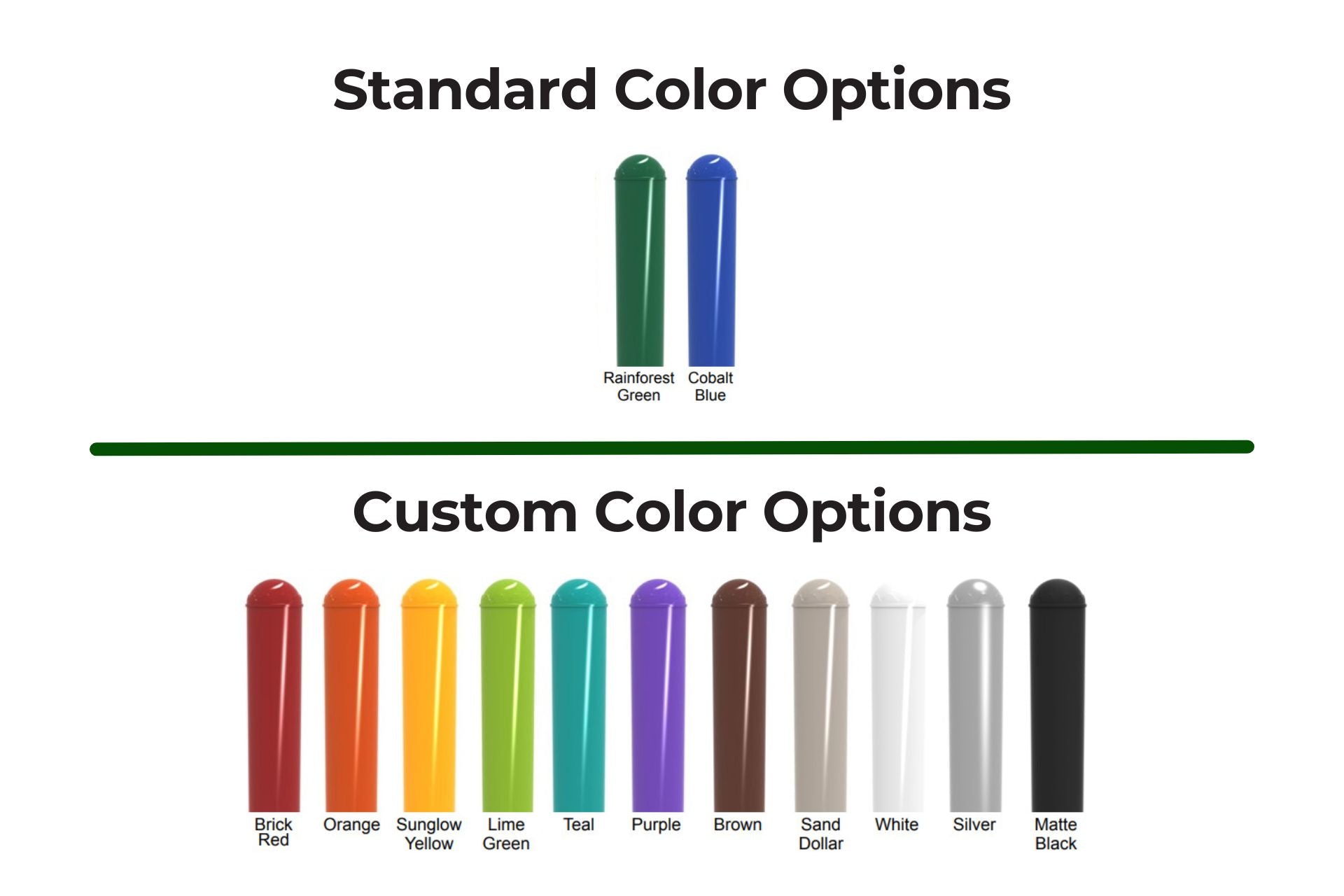 Playground equipment finish palette with powder‑coated colors: two core hues above and more swatches on glossy steel posts.