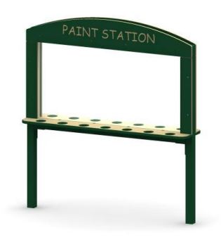 Green double-sided playground paint station with unbreakable clear polycarbonate surface and paint cup holders