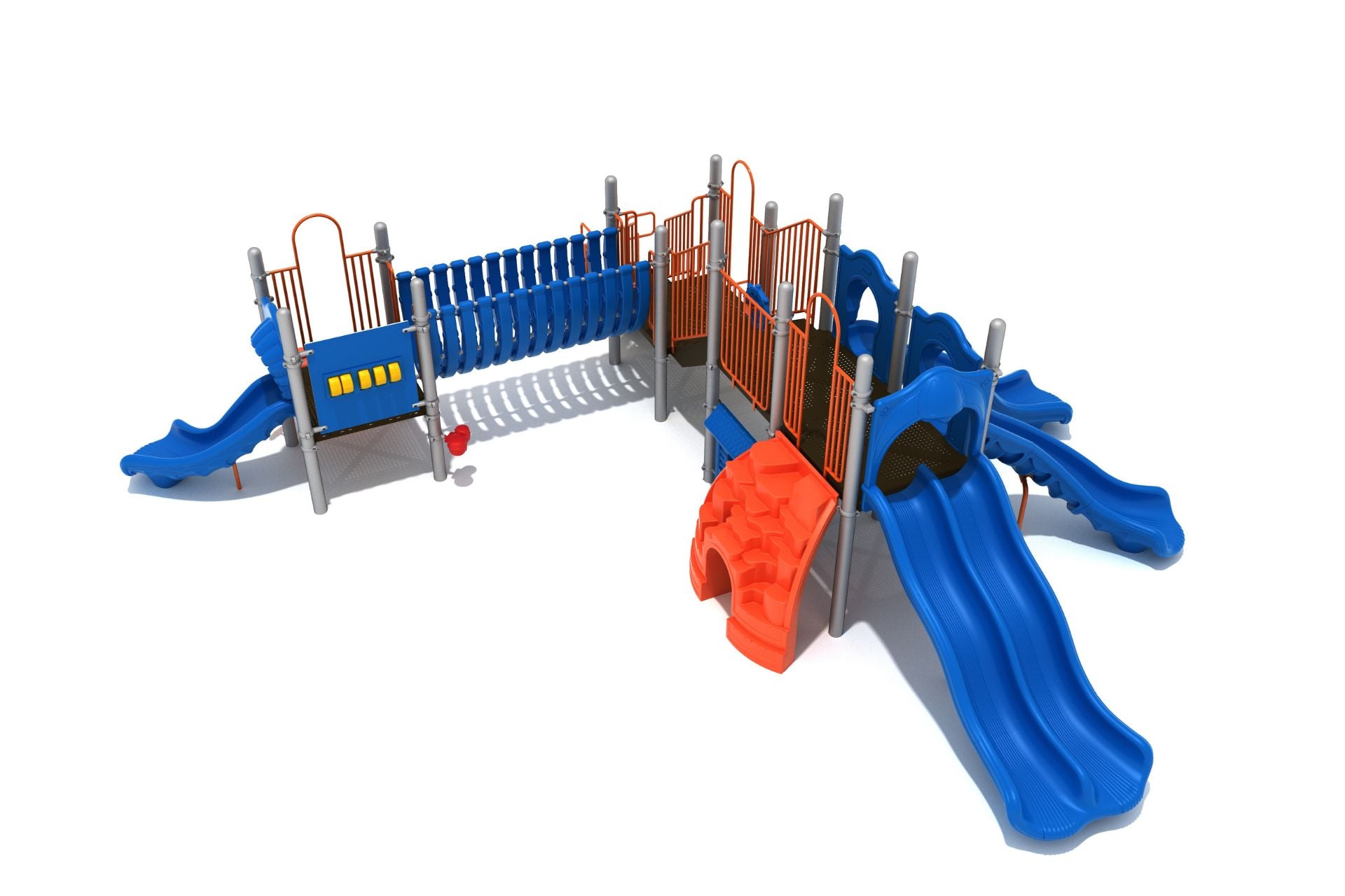 Princeton Playground large play system with blue and orange slides, climbing walls, bridge, and accessible ground-level panels