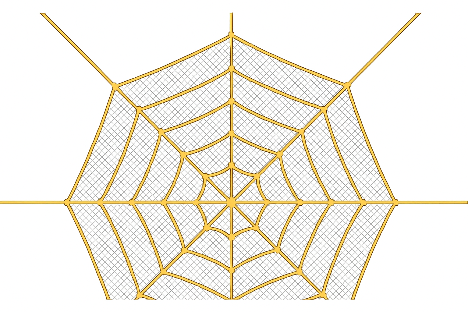 Overhead view of a yellow knotless mesh spider web climbing net with flexible polyester ropes for playground use