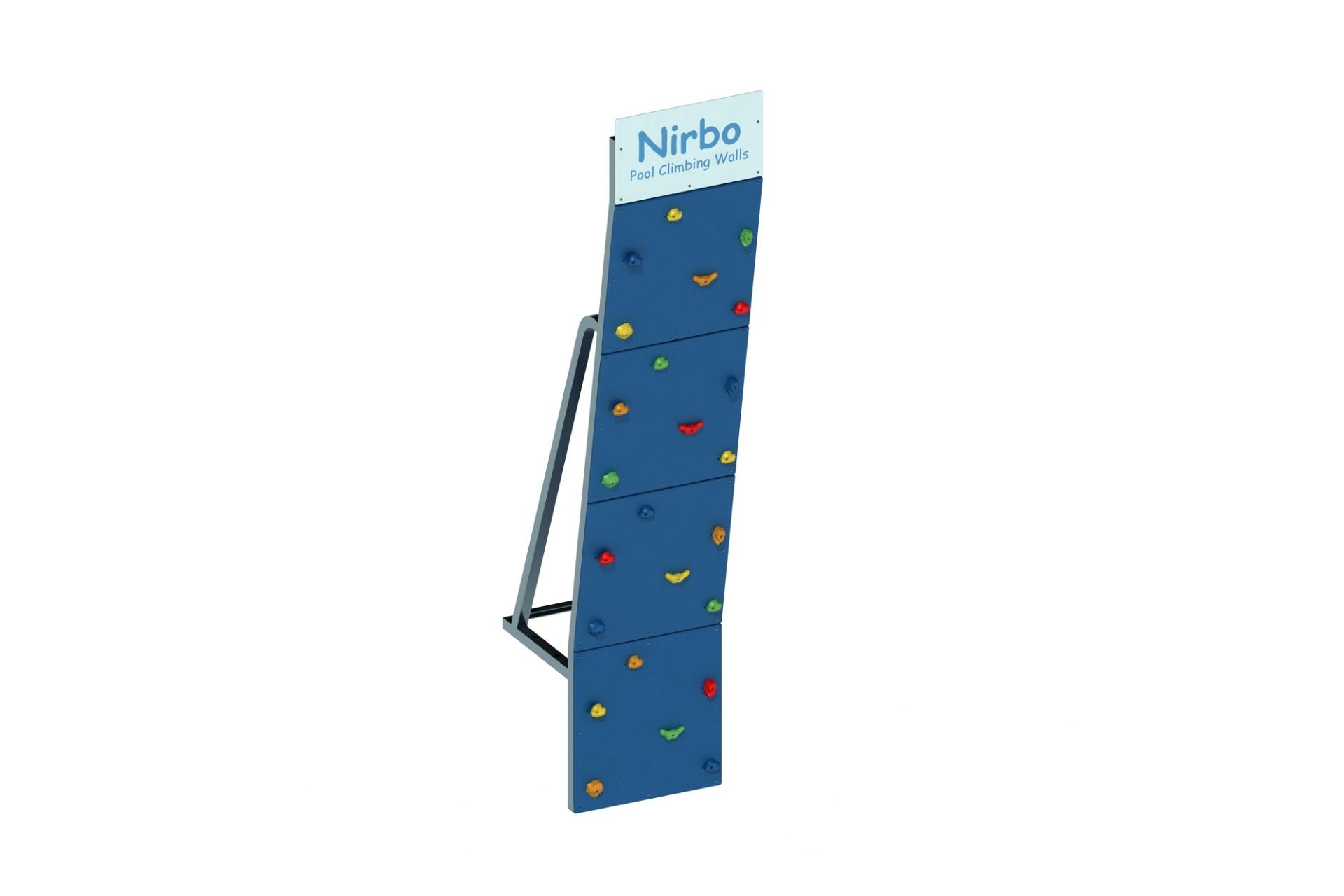 Blue pool climbing wall with colorful handholds and sturdy metal frame for indoor or outdoor use