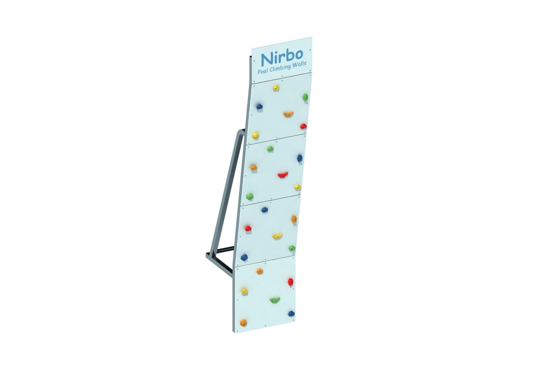Large Pool Climbing Wall by Nirbo with colorful climbing holds on durable white panel and metal frame for pools