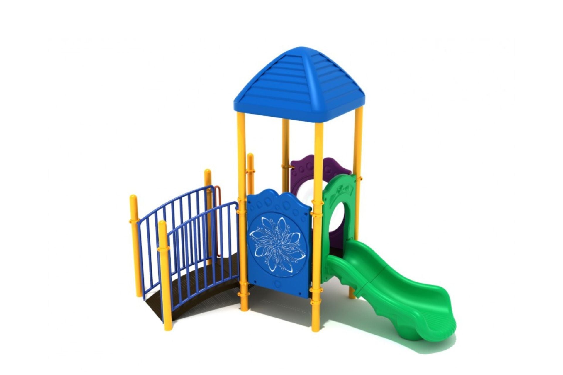 Port Charlotte Playground with blue roof, yellow posts, blue ramp, green slide, bubble and maze panels, and ship’s wheel for toddlers