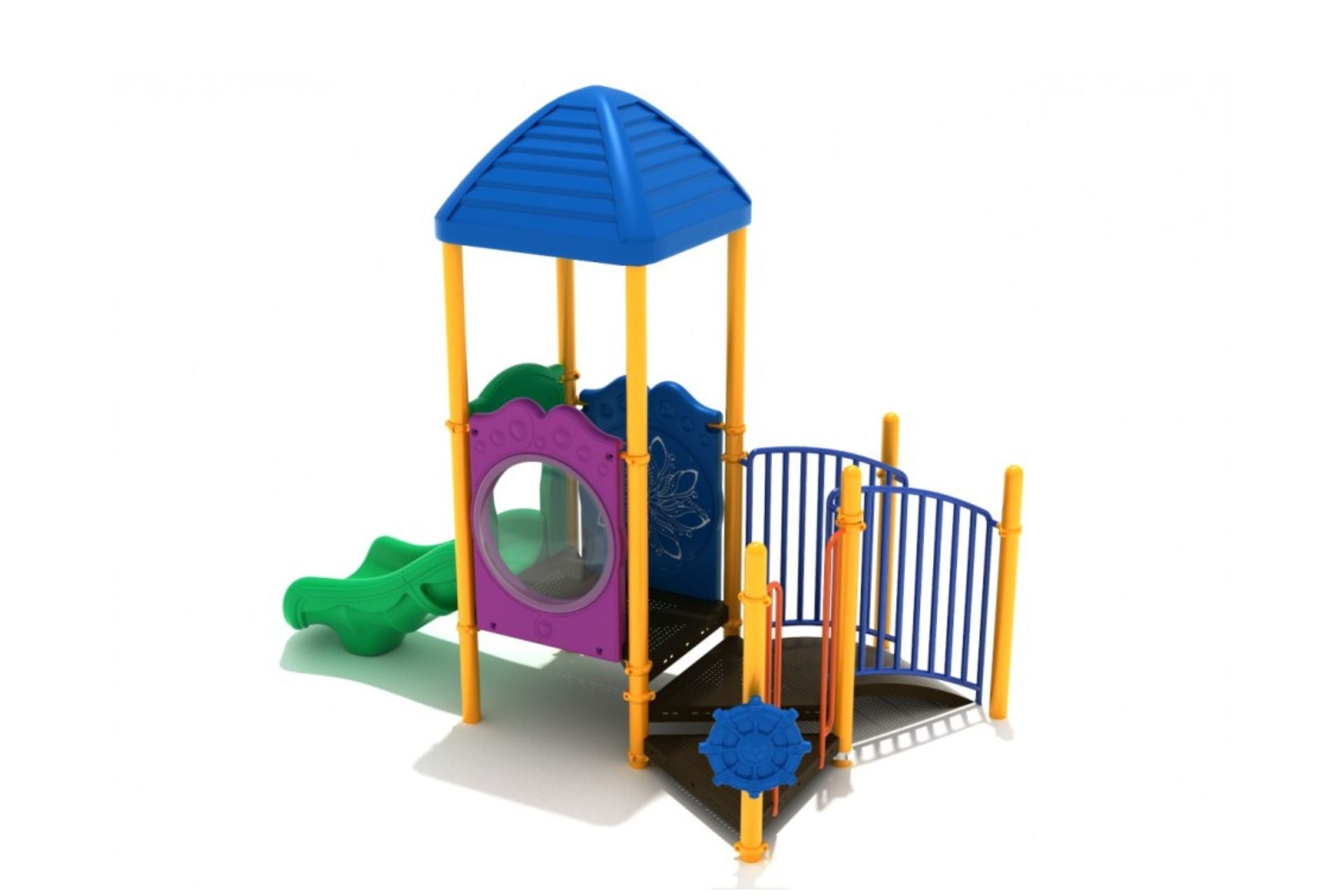 Compact colorful playground with blue roof, green slide, purple panel with window, and blue ship’s wheel panel for imaginative play.