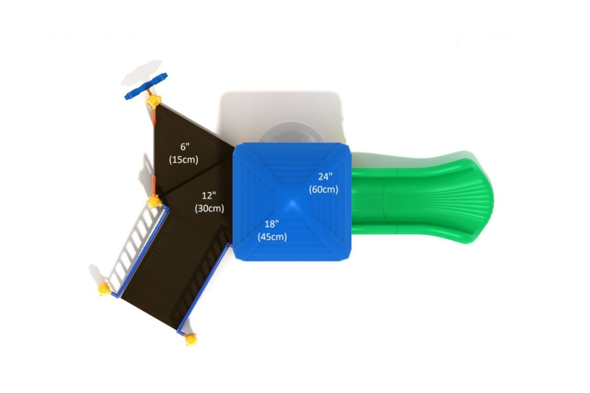 Overhead view of compact playground with blue roof, green slide, black platforms, yellow posts, bubble and maze panels, and ship’s wheel.