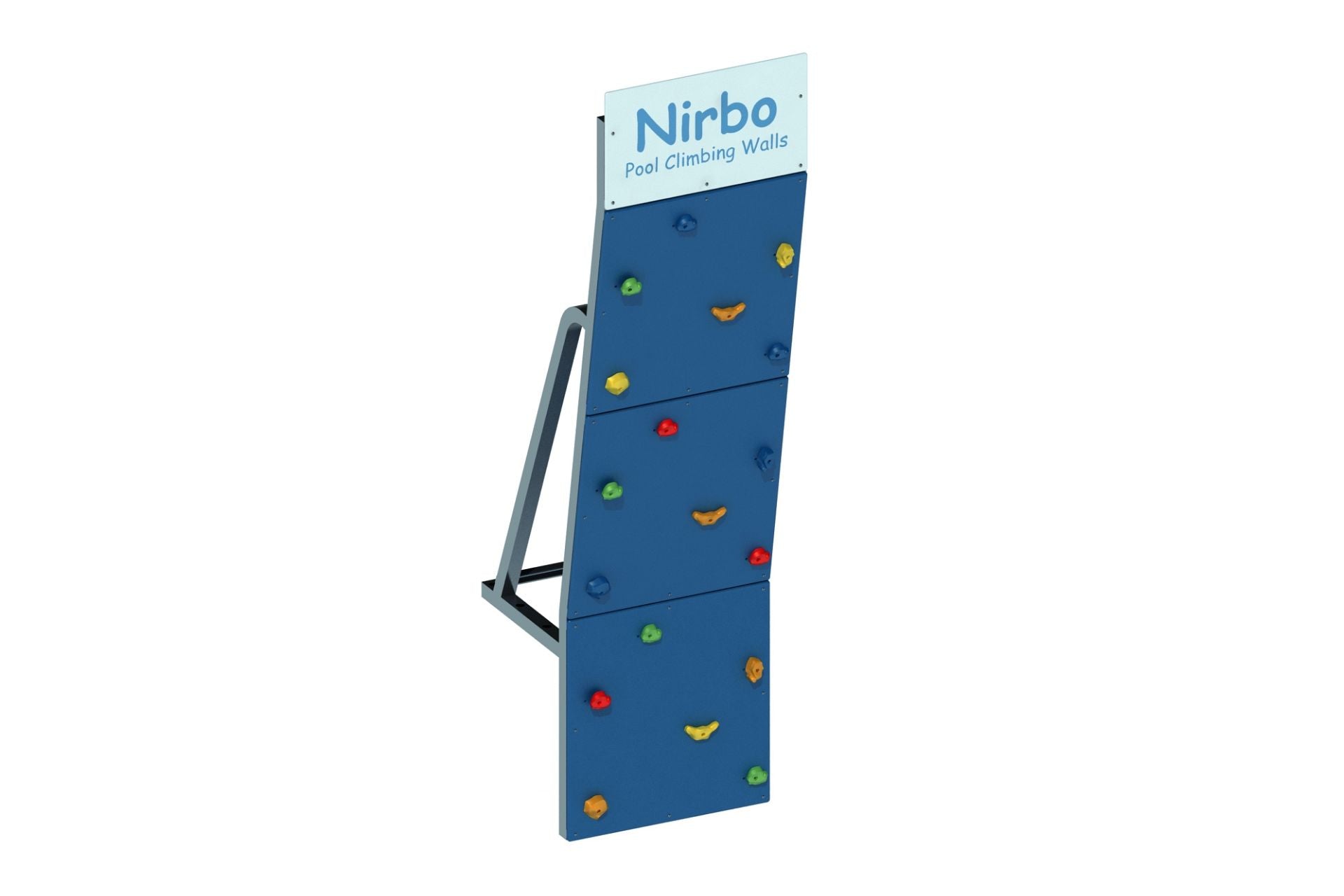Blue pool climbing wall with colorful handholds and sturdy metal frame for indoor or outdoor use