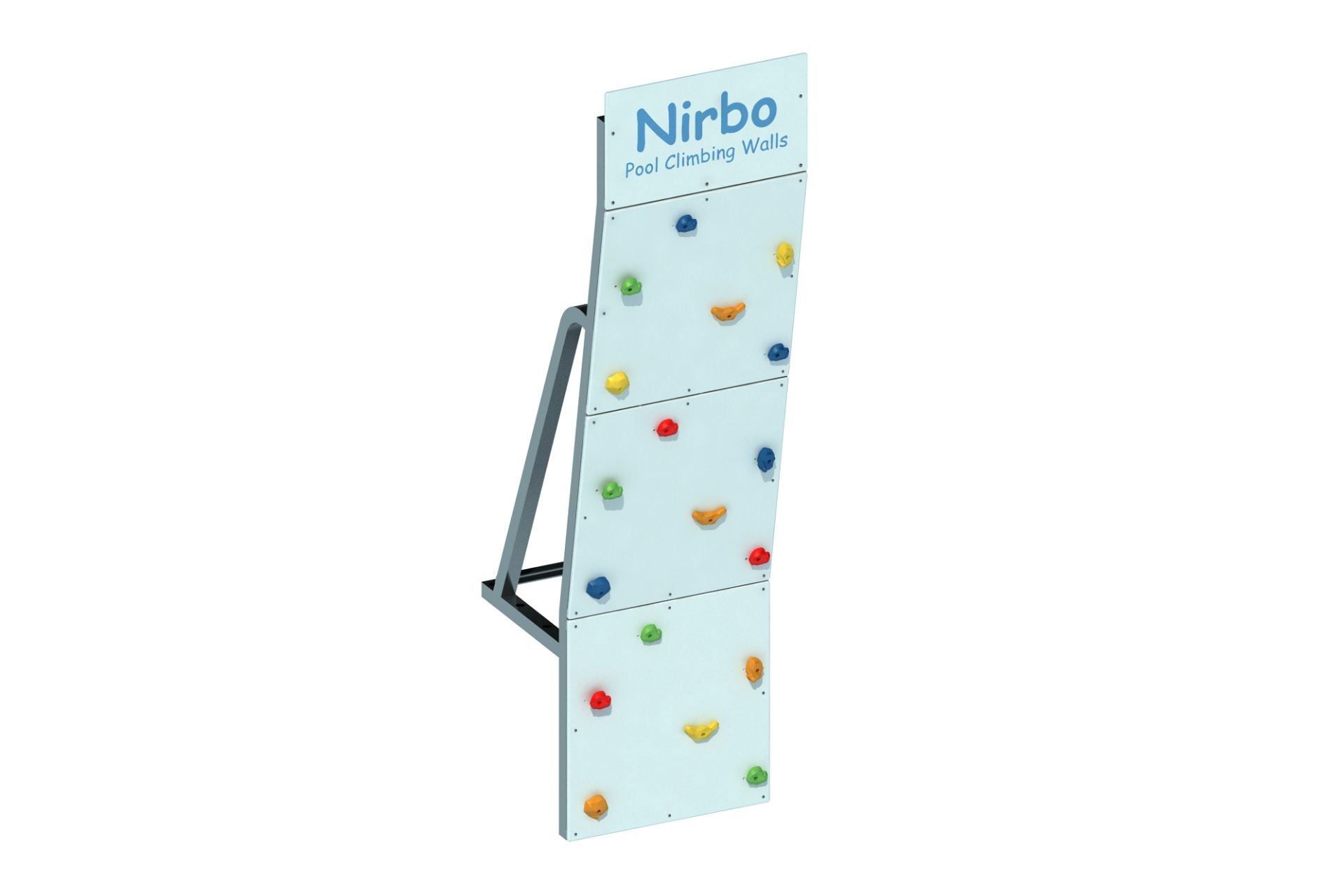 Nirbo Small Pool Climbing Wall with colorful climbing holds and sturdy stainless steel frame for indoor or outdoor pools