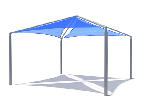 Outdoor shade structure with four blue fabric panels and silver metal frame, designed for versatile sun protection and style.