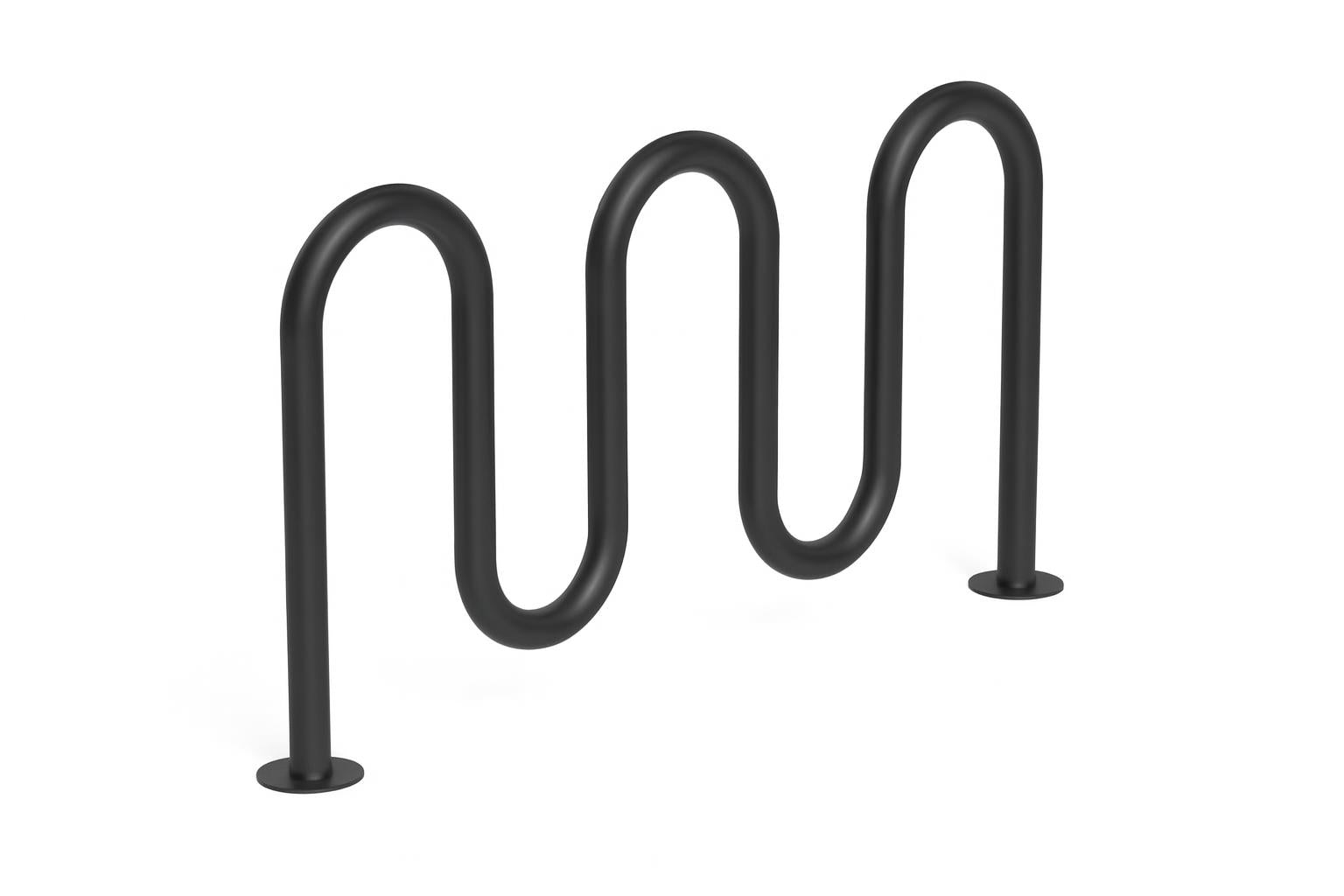 Contemporary Loop Bicycle Rack with five black tubular steel loops in a wave pattern, surface mounted on concrete near stone pillars and greenery
