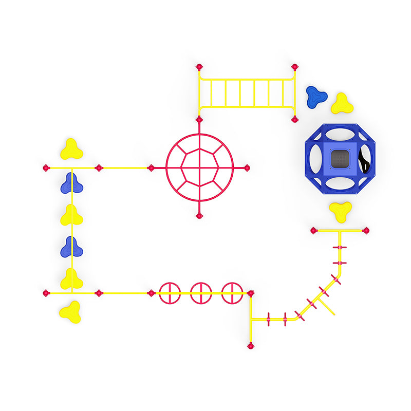 Overhead view of colorful playground climbing equipment with yellow steps, red frames, and a blue hexagonal platform