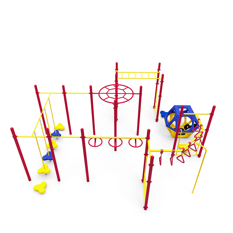 Colorful outdoor climbing structure with red and yellow bars, blue and yellow stepping pods, and geometric climbing shapes