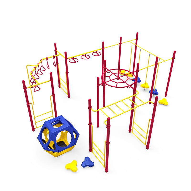 Quick Step Climber playground equipment with red and yellow climbing frames, blue and yellow geometric structure, hanging rings, and seats
