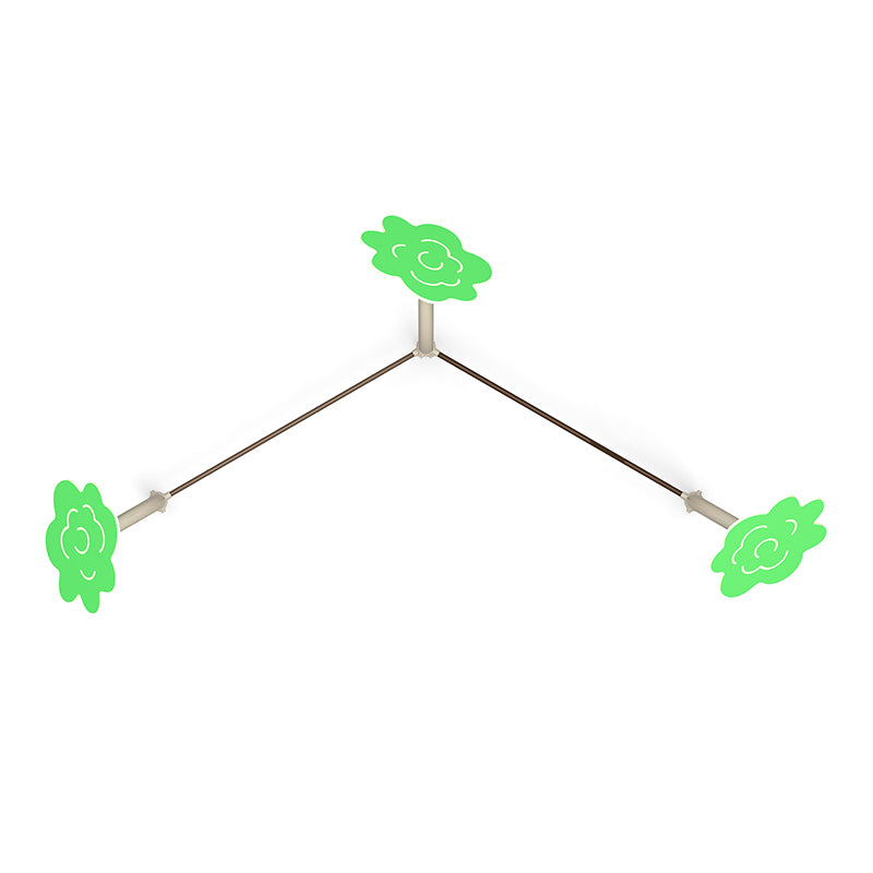 Overhead view of a triangular climbing frame with three green flower-shaped holds connected by brown bars