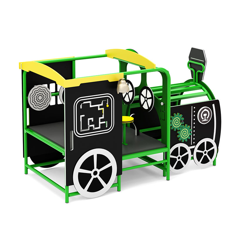 Green and yellow children's play train with interactive gears, maze panels, steering wheels, and a bell.