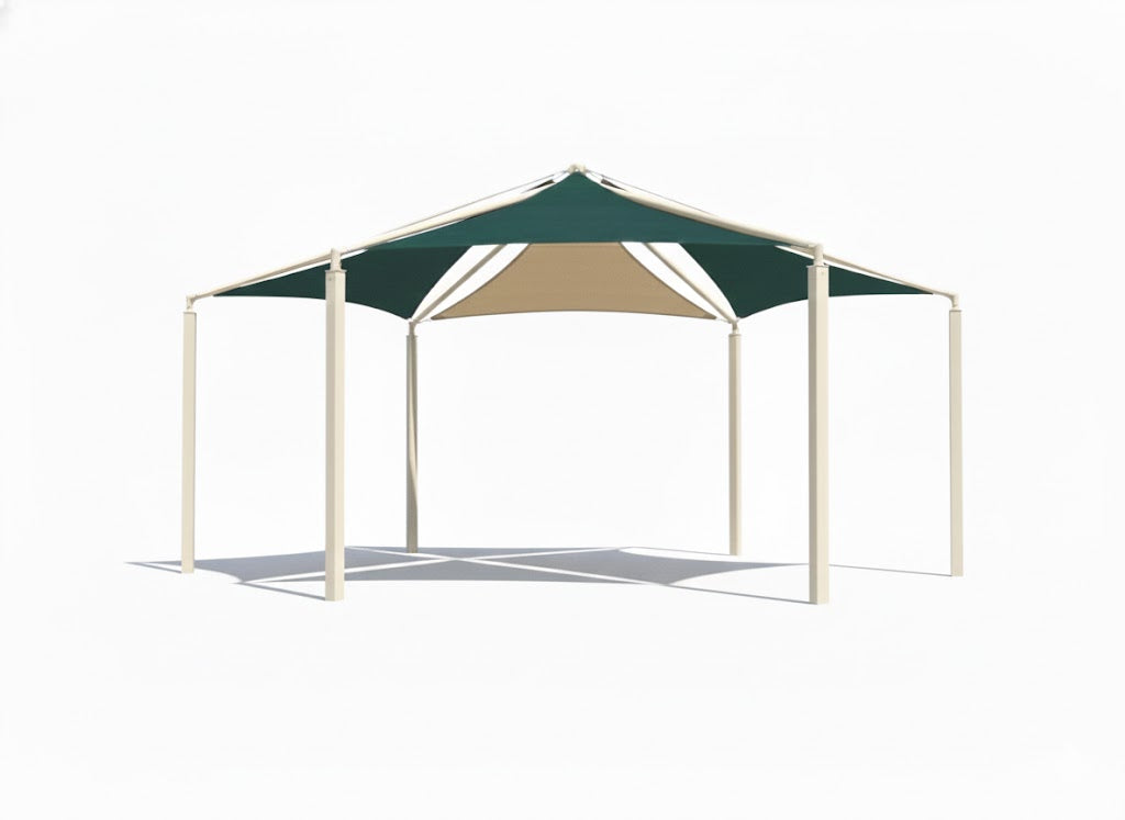Hexagon Multi-panel Shade Structure with beige and green fabric panels and beige support posts providing sun protection over playground equipment in an outdoor park setting