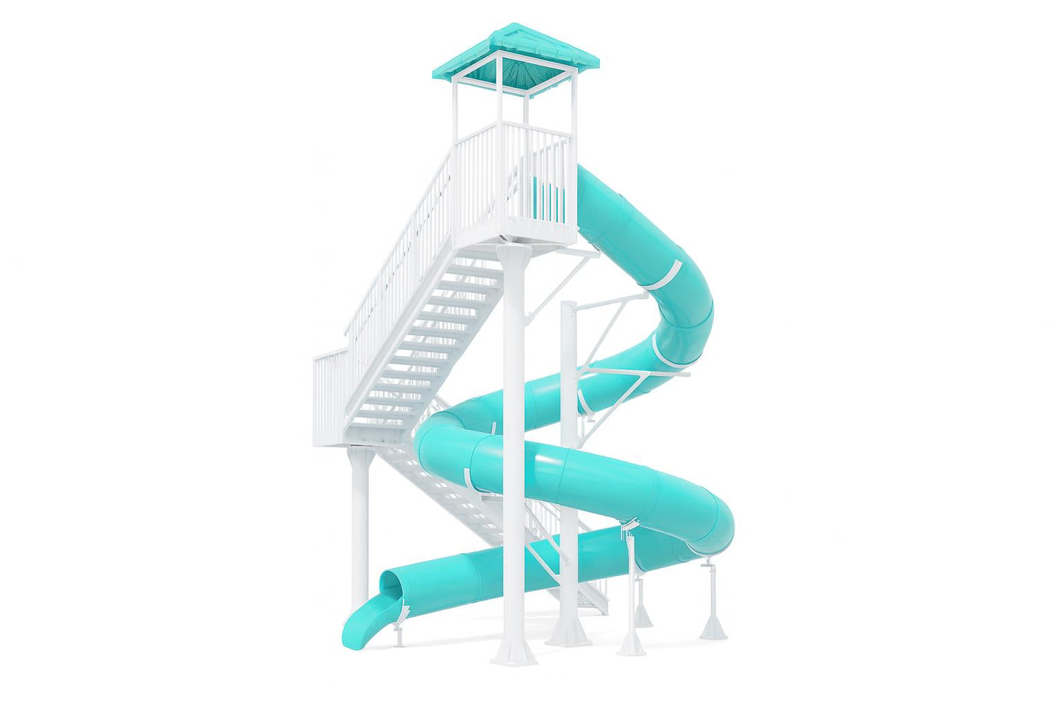 Victoria Falls Water Slide turquoise spiral tube with white stairs and canopy beside pool, palm trees, and resort building in sunny outdoor setting