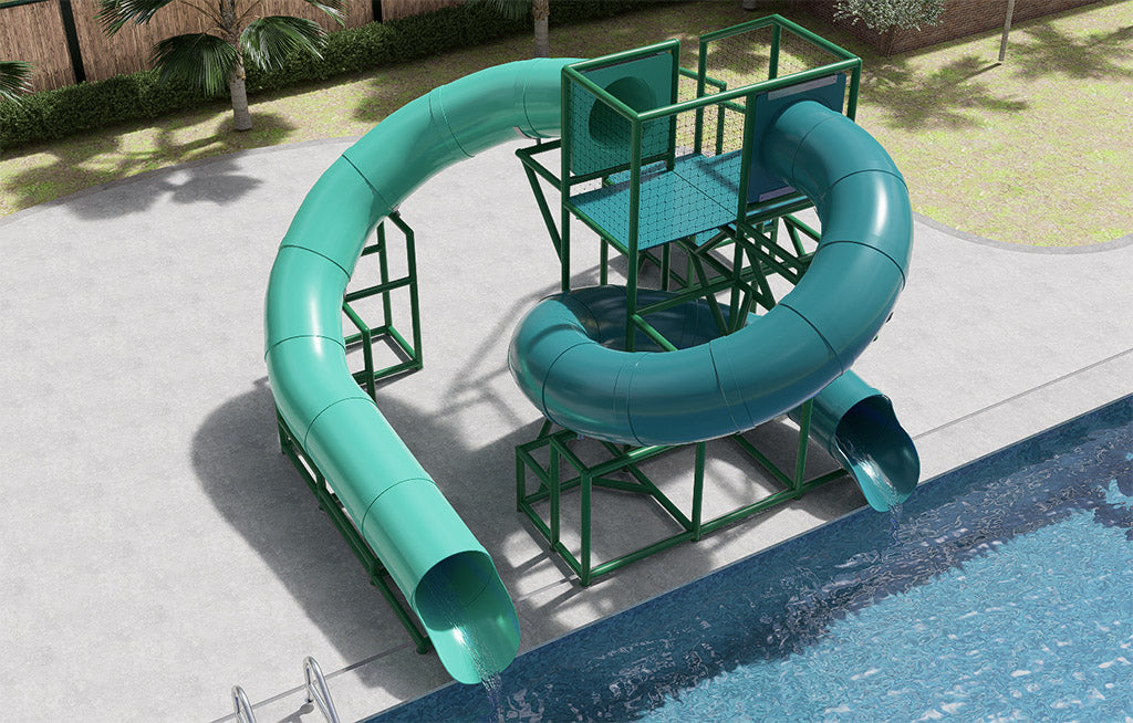 Clearwater River Water Slide with dual twisting enclosed slides and green metal frame beside pool