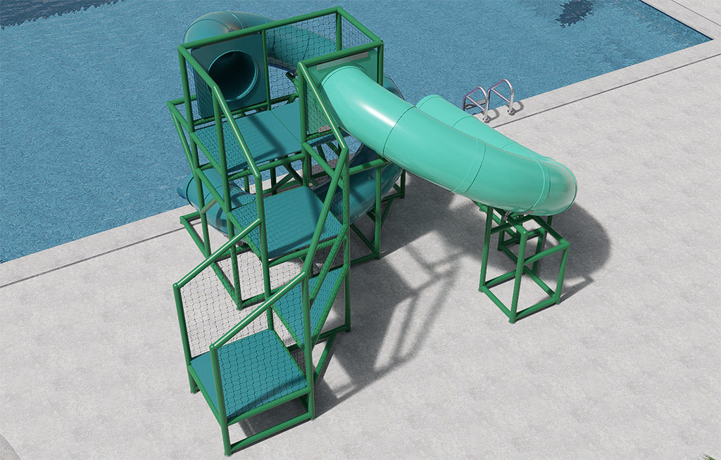 Dual green twisting water slides with open stair access and safety netting beside a pool