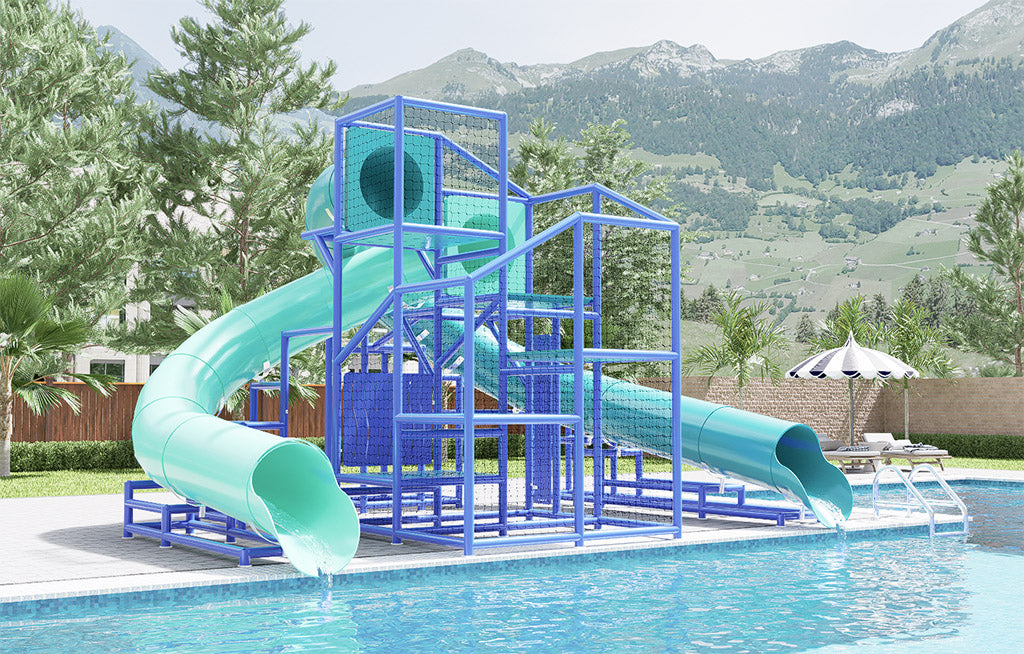 Yellowstone River Water Slide with dual turquoise tube slides and blue climbing frame at outdoor pool