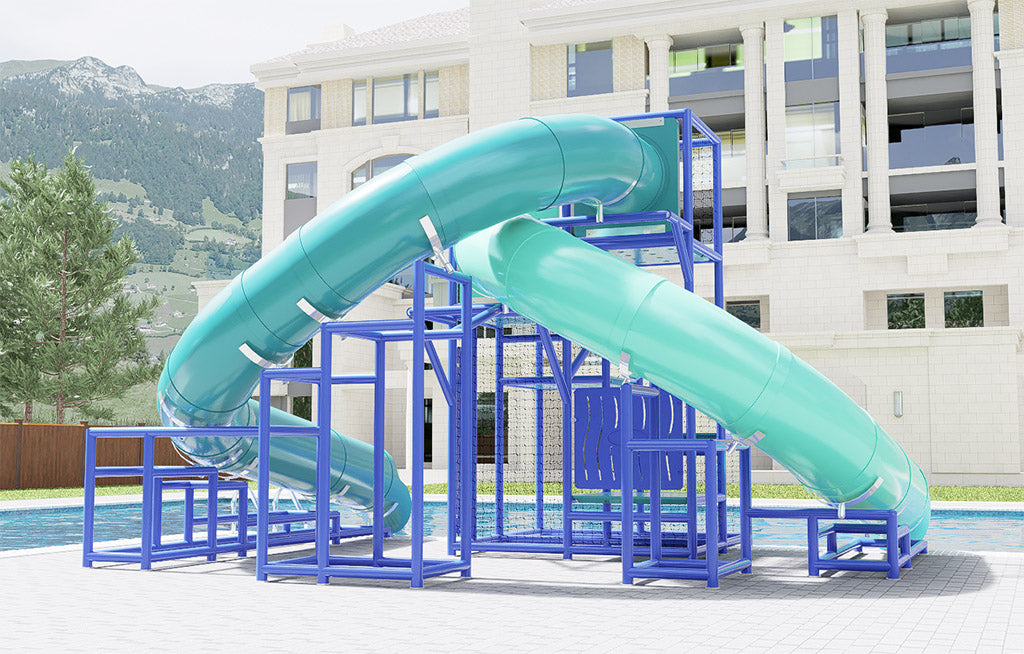 Turquoise enclosed twisting water slide with blue metal frame and pool landing at outdoor recreation area