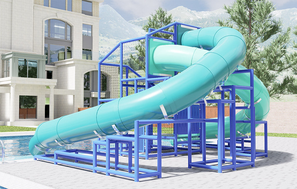 Curved turquoise water slide with blue metal frame beside outdoor pool at recreation area