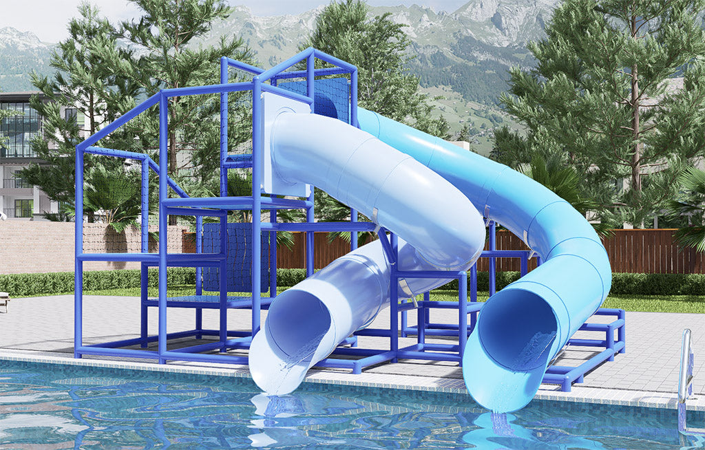Gallatin River Water Slide dual curved tube slides with blue frame beside pool in outdoor recreation setting