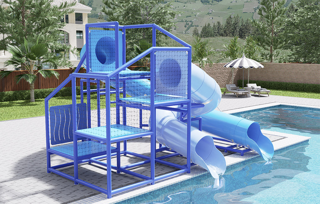 Dual tubular blue water slides with open stair access beside an outdoor pool, featuring side-by-side racing lanes and curved paths