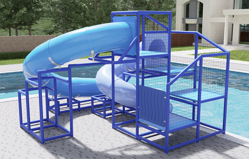 Dual tubular blue water slides with curved paths and open stair design beside a residential pool
