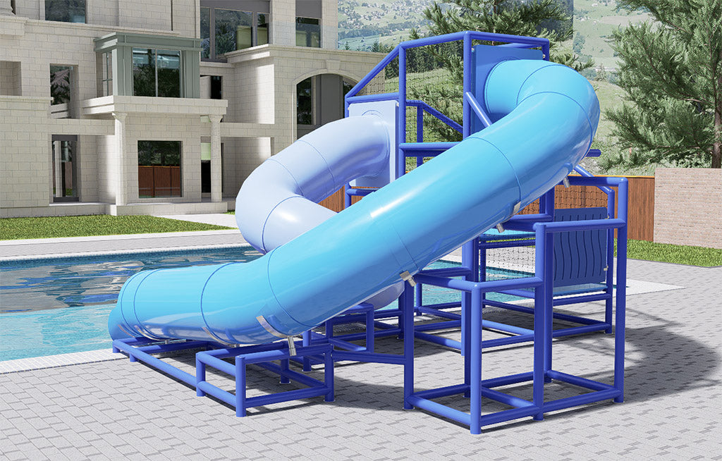Dual blue tubular water slides with curved paths and open stair access beside a pool and modern building
