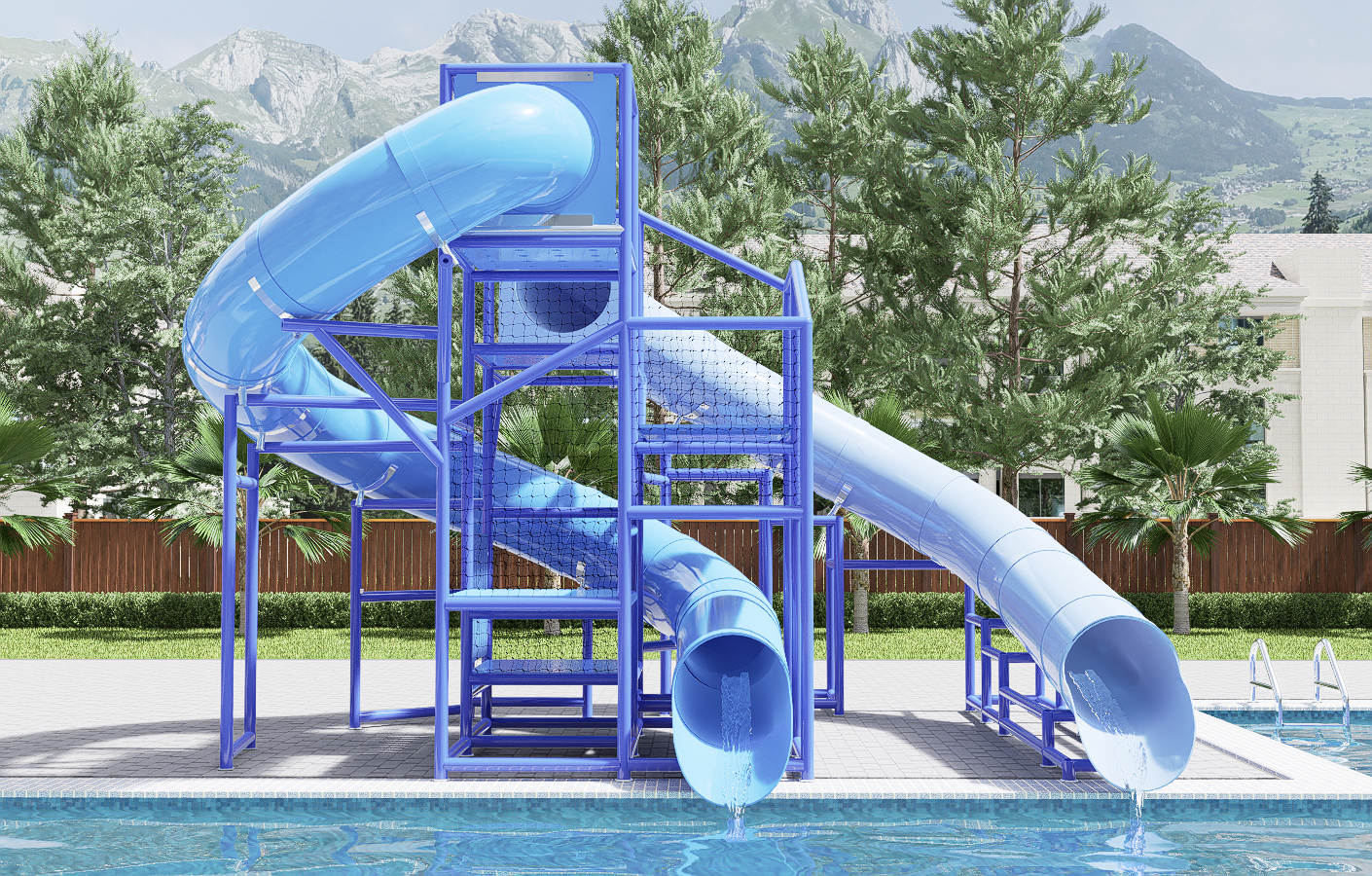 Blue dual-flume water slide with twisting enclosed and open sections, splashing into a pool at an outdoor recreation area