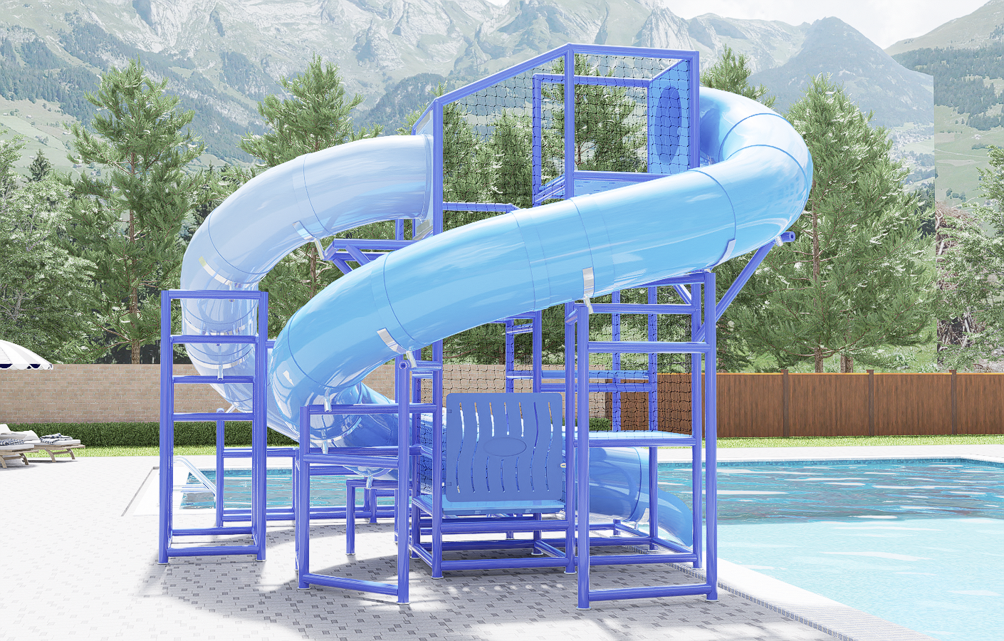 Blue dual-flume water slide with twisting tubular slides and open stair structure beside a pool in a mountain setting