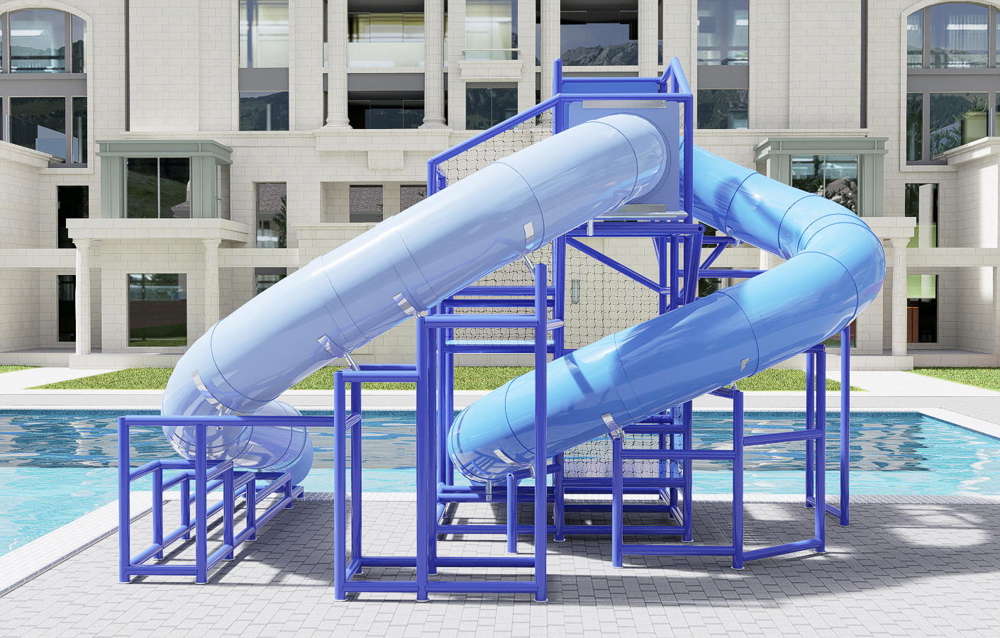 Dual twisting blue water slides with purple metal framework beside a pool at a recreation center