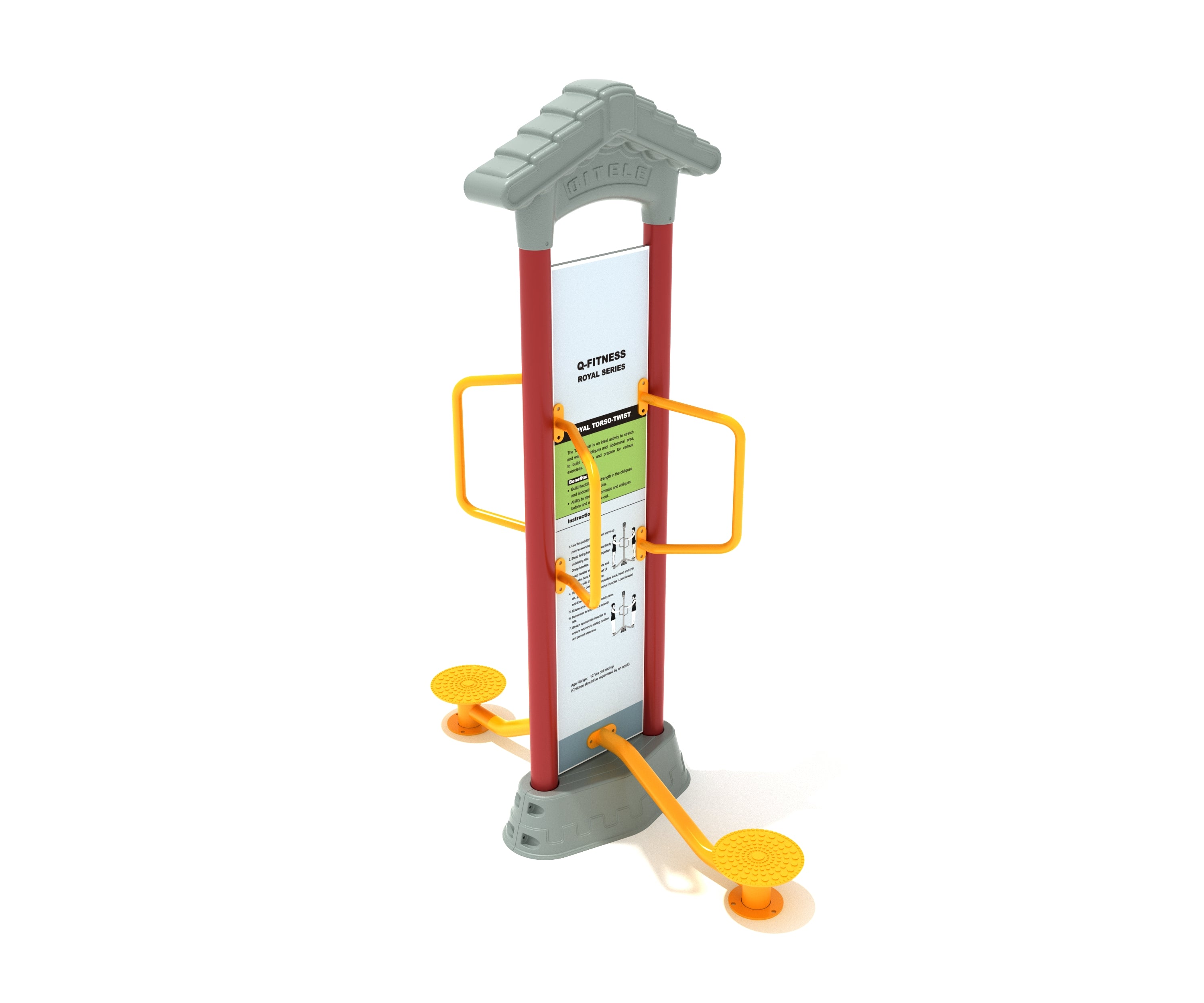 Royal Double Station Torso Twist outdoor workout equipment with red posts, yellow textured twisting foot plates, and side bars for core exercise