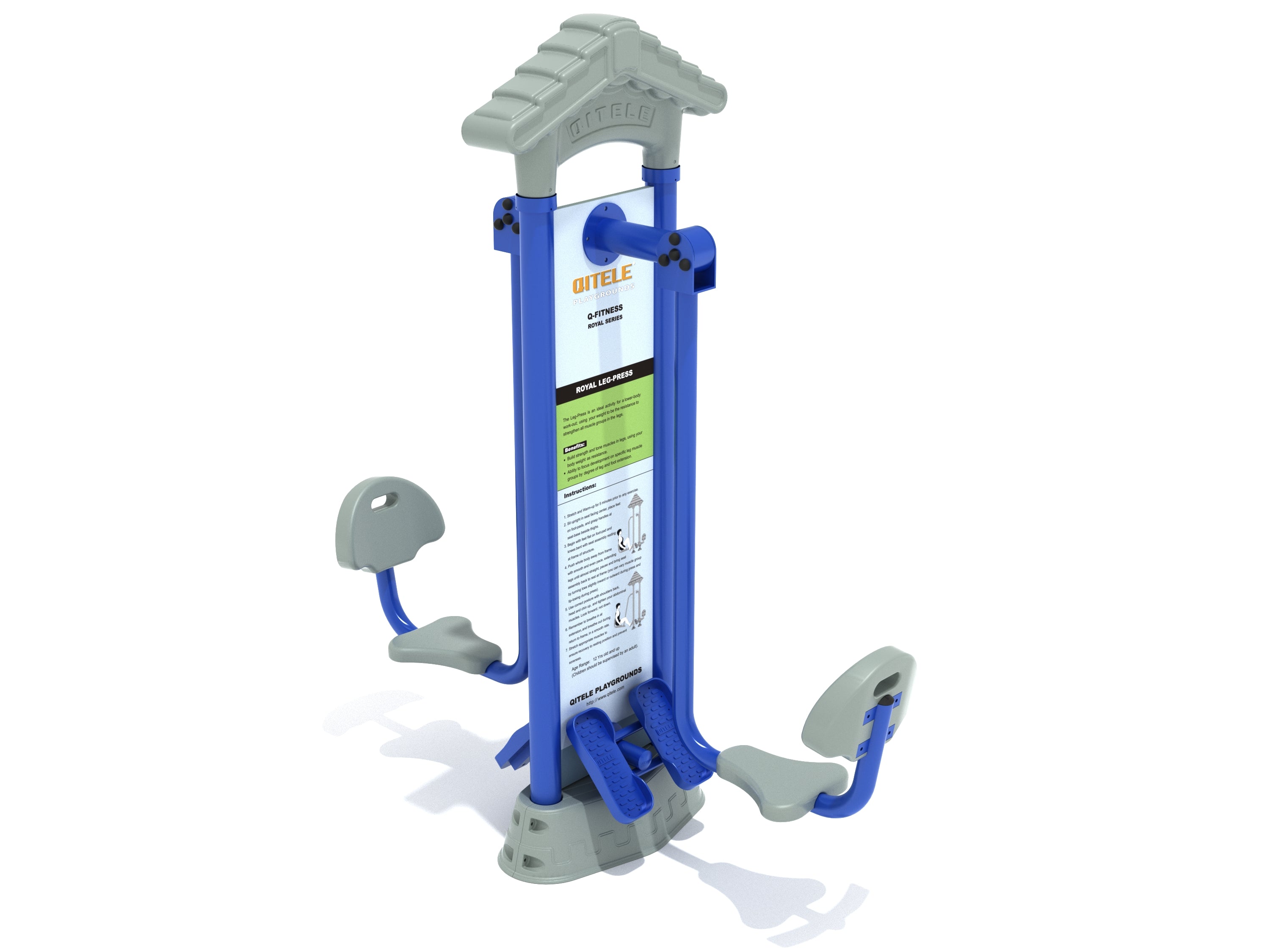 Royal Double Station Leg Press outdoor fitness equipment with dual seats, foot pedals, and instructional panel in blue and gray.