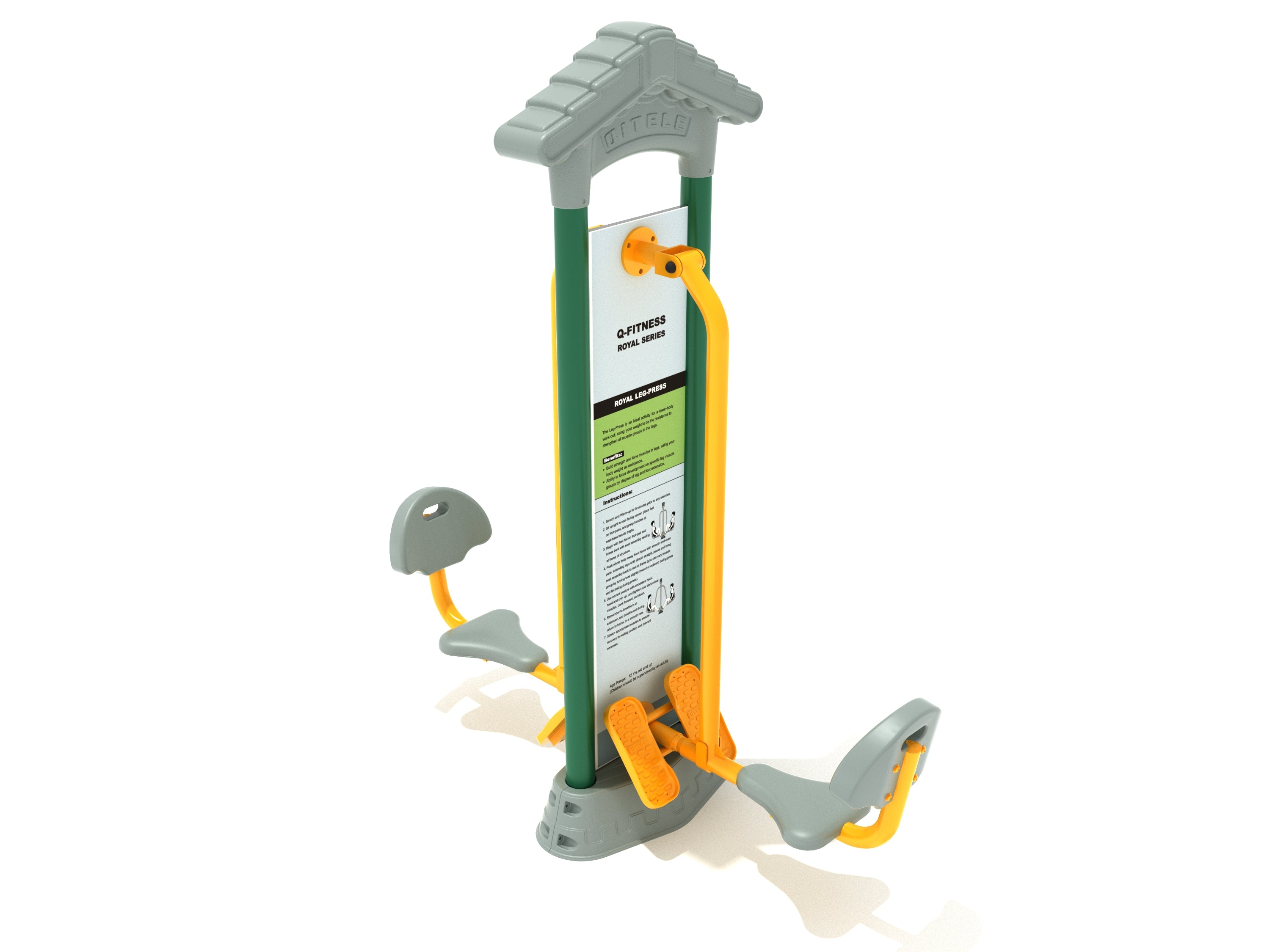 Outdoor double leg press with dual seats, foot pedals, instructional panel, and weather-resistant steel frame