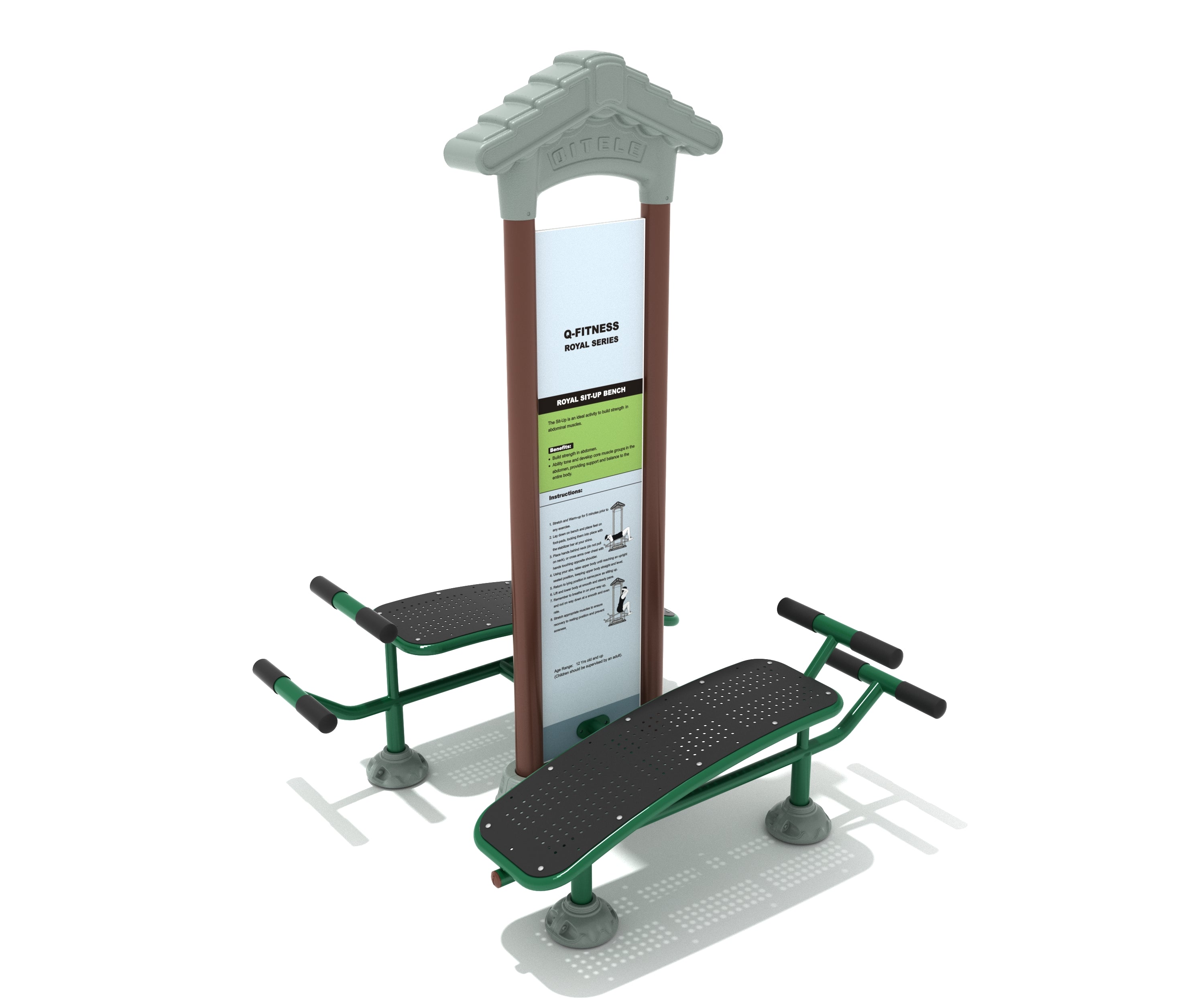 Double outdoor sit-up bench with perforated black seats, green steel frame, and central instructional panel under angled roof