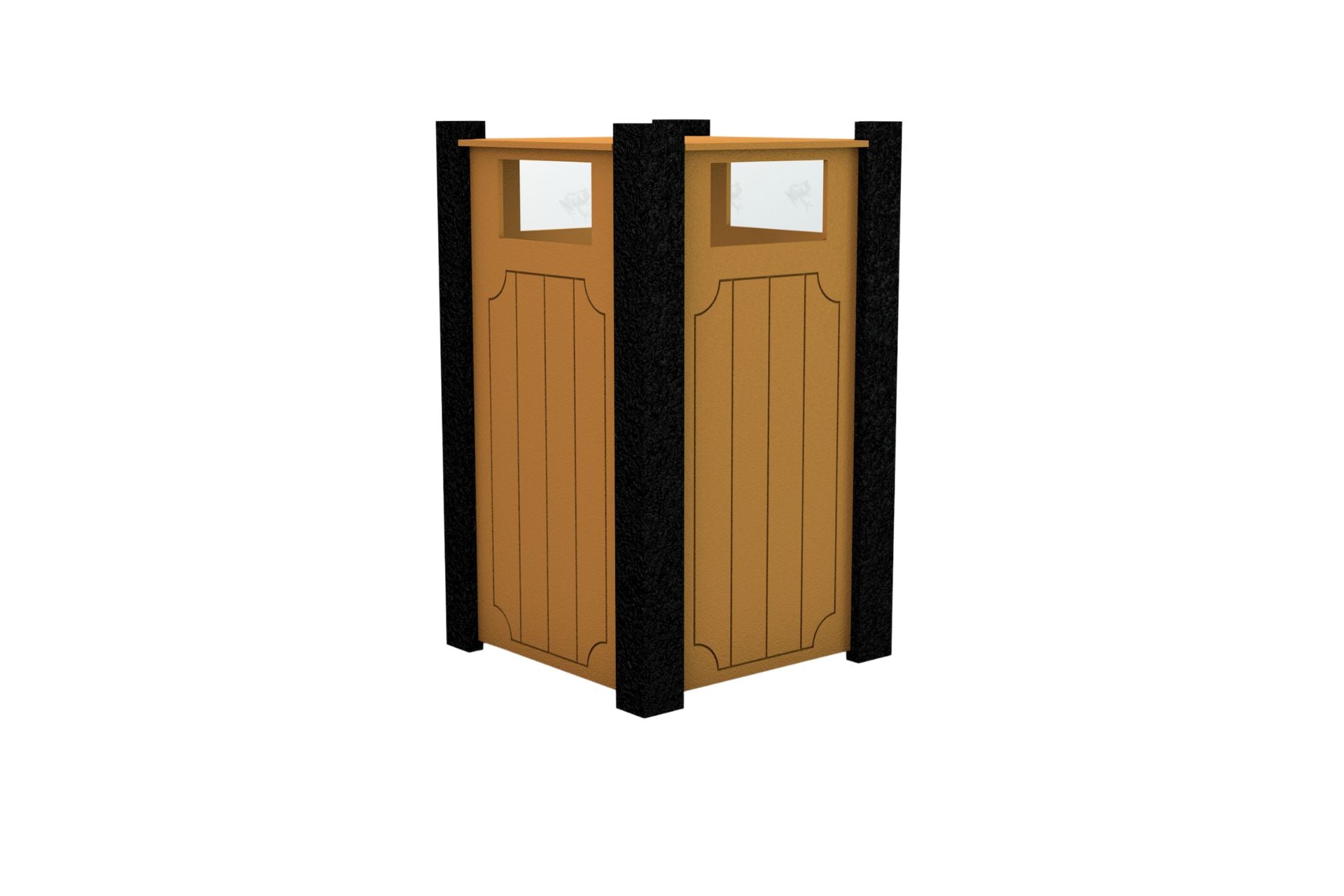 Ridgeview Recycled Plastic Trash Receptacle with brown panels and black corner posts for outdoor waste management and sustainability