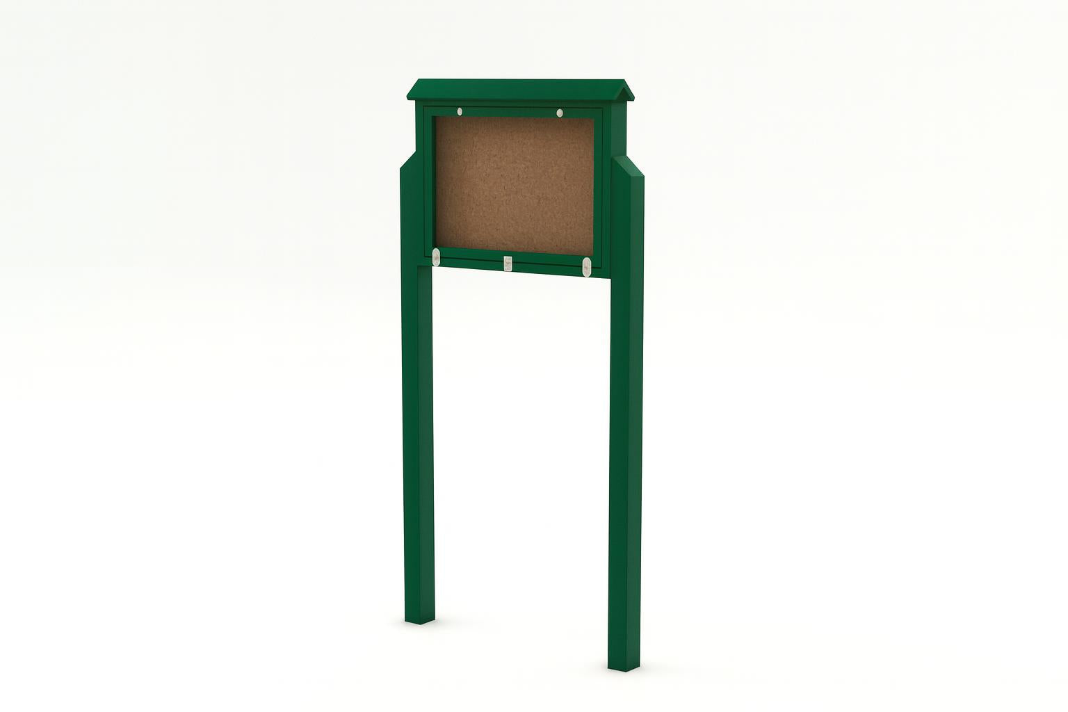 Medium Recycled Plastic Hinged Message Center with green frame, cork bulletin board, polycarbonate door, and two supporting posts for outdoor use
