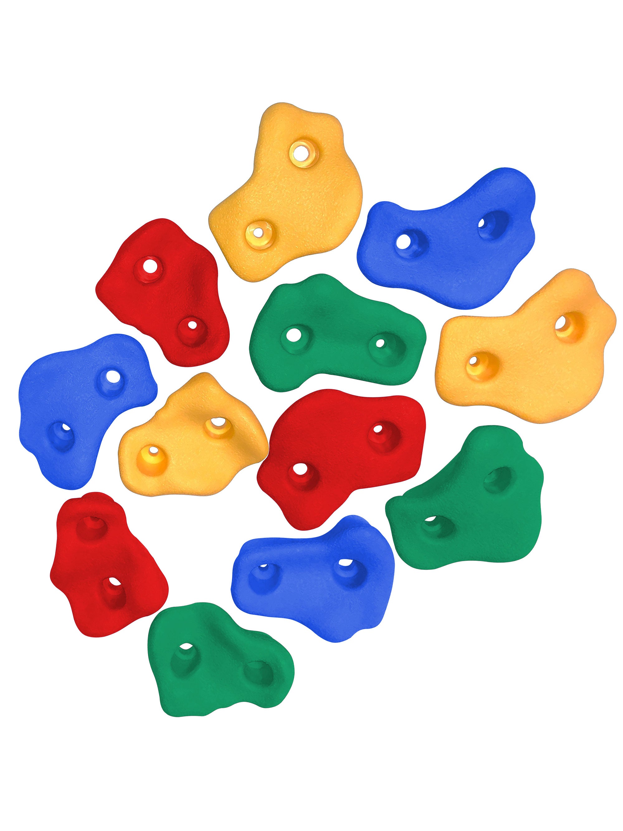 Climbing Rock Grips set of 12 colorful plastic swing set accessories in red, blue, green, and yellow, overhead view