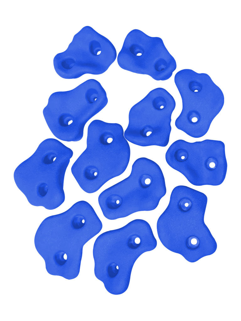 Set of twelve blue plastic climbing grips in varied shapes with dual mounting holes for swing set accessories