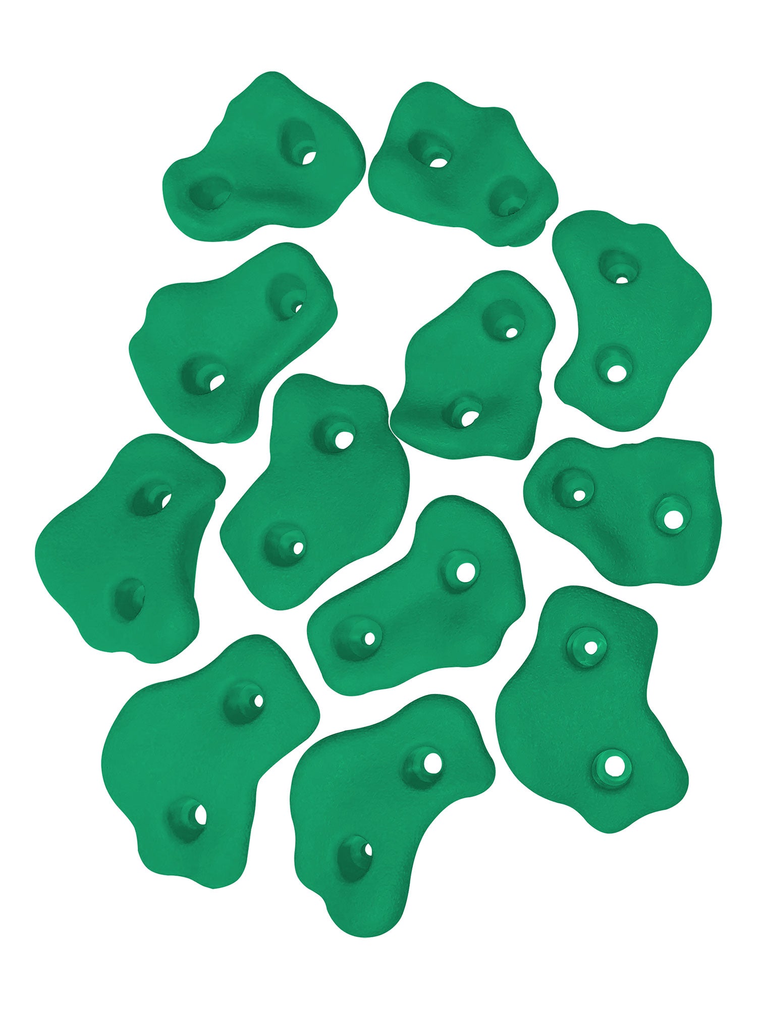 Set of twelve green plastic climbing grips in varied shapes with dual mounting holes for swing set accessories.