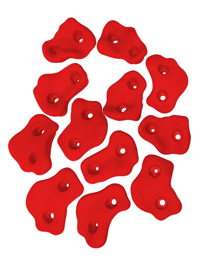 Set of twelve red plastic climbing rock grips in varied shapes with multiple mounting holes for swing set accessories.