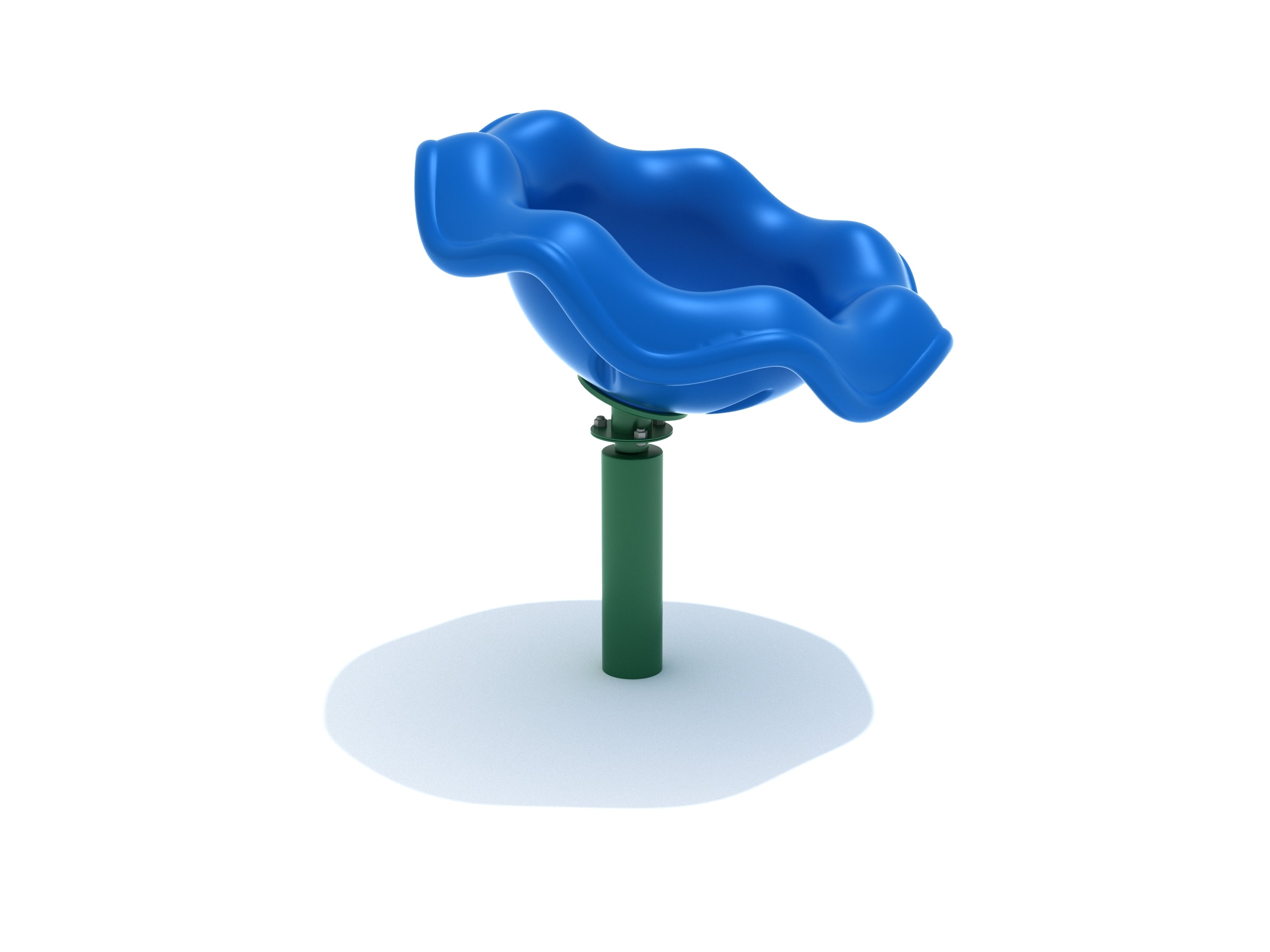Blue wavy plastic spinning seat on a green metal post playground spinner with kid-powered motion