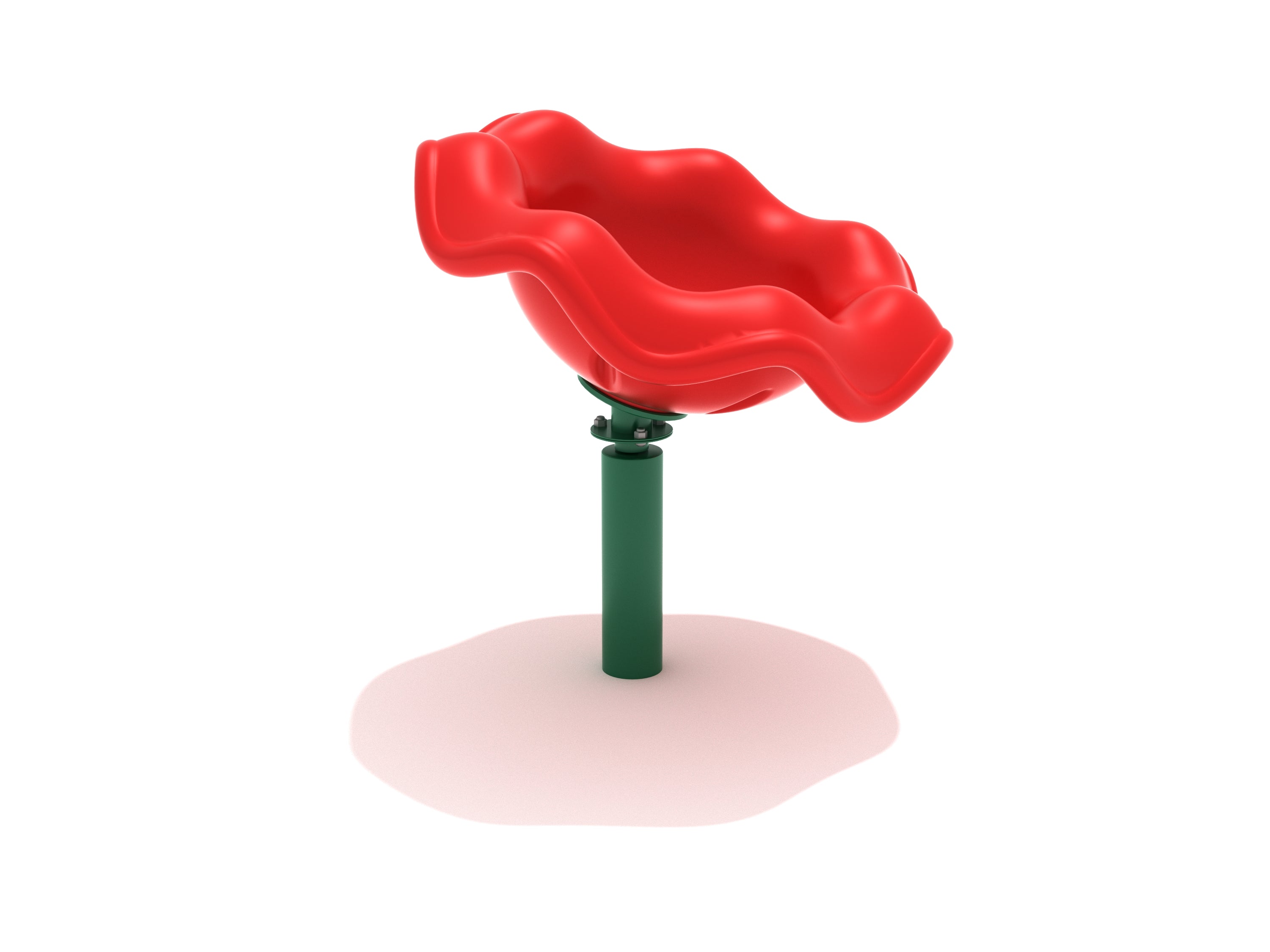 Red wavy plastic spinning seat on a sturdy green post playground equipment for active spinning play
