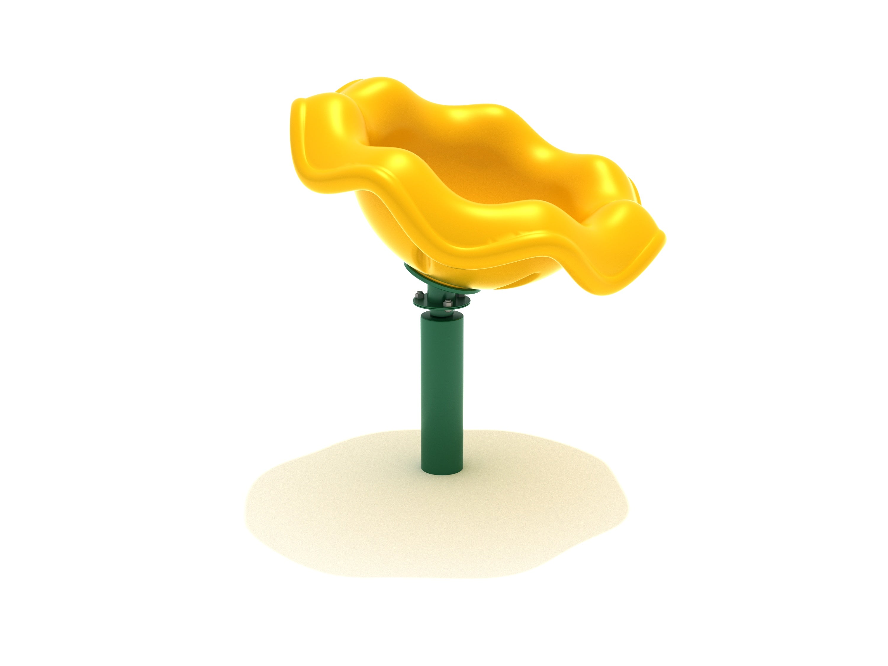 Yellow wavy plastic spinning playground seat mounted on a green post for outdoor play equipment