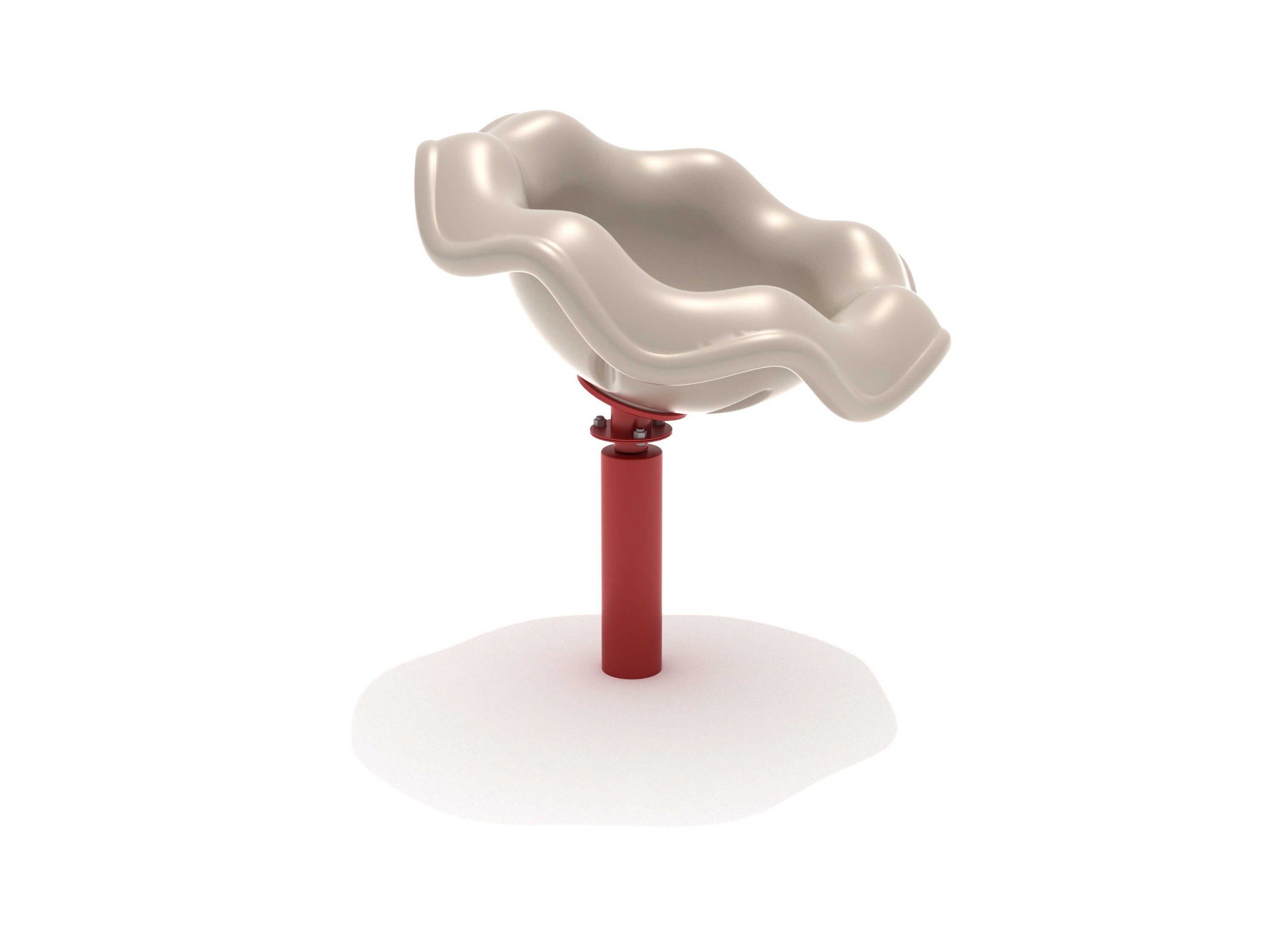 Tan wavy plastic spinning seat on a red post playground equipment for active kids' play and spinning fun