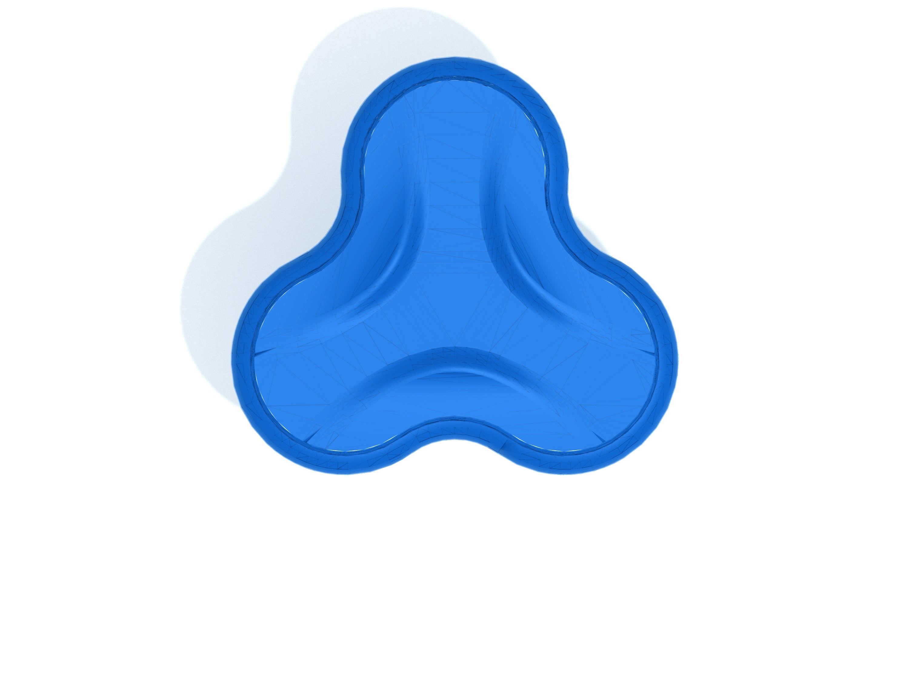 Overhead view of a blue, three-edged plastic playground spinning seat with contoured grips for safe play